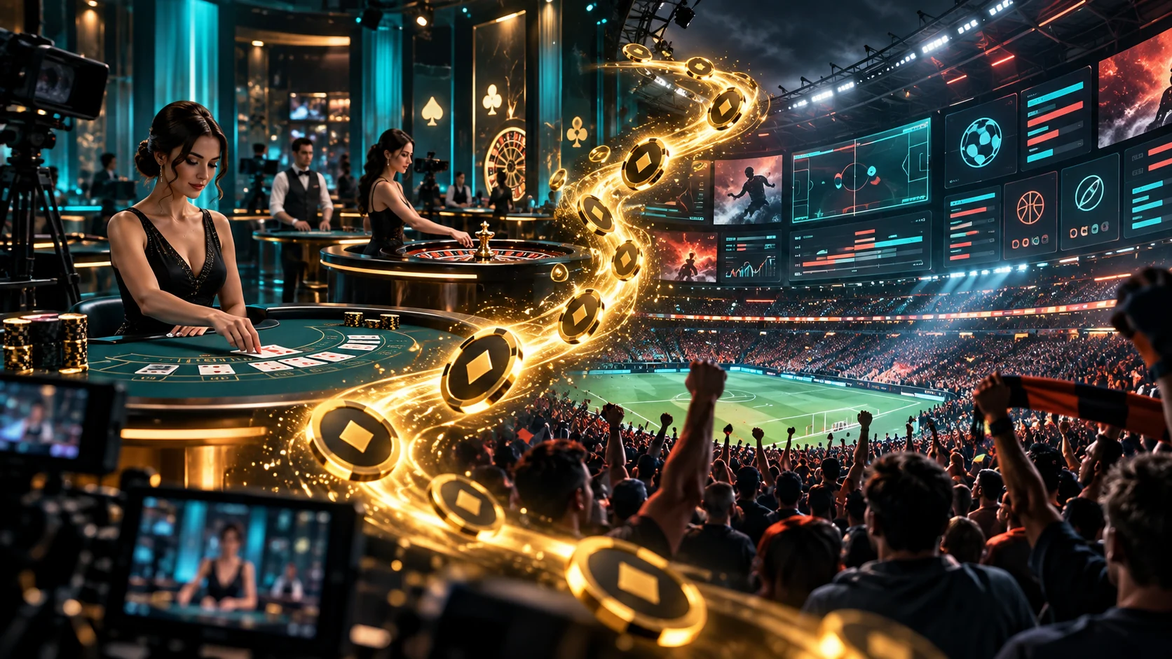 Generated editorial artwork representing live-table and sports-market concepts; not an actual casino stream, odds feed or betting interface