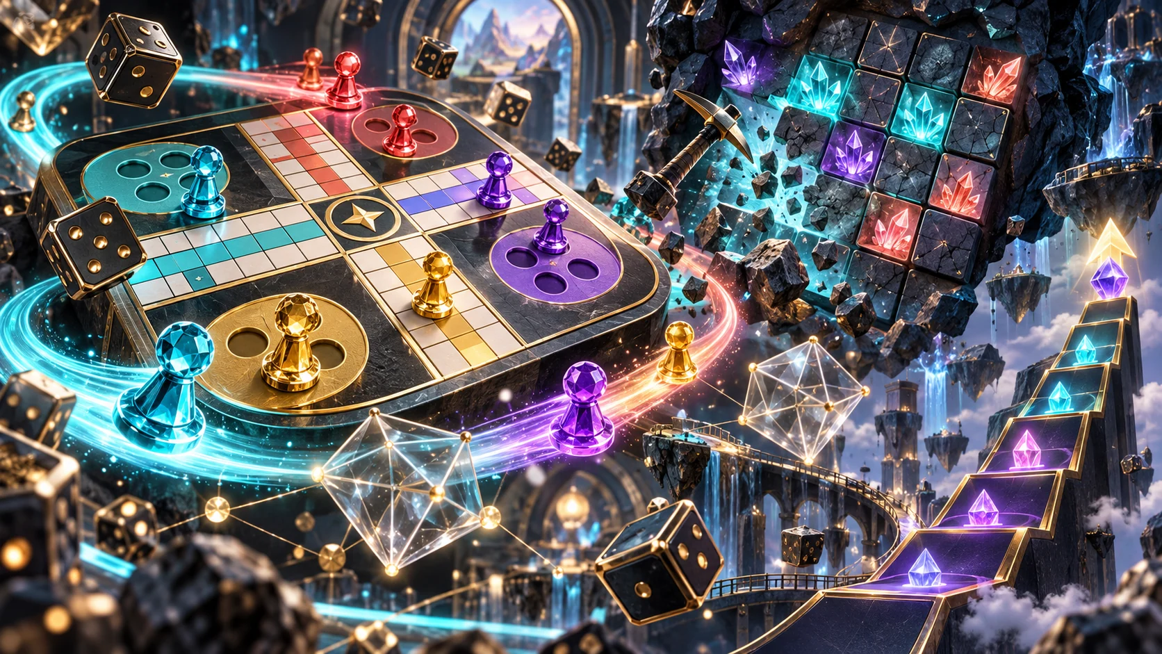 Generated editorial artwork representing board paths, multiplier grids and mining-style mechanics; not an actual game screenshot